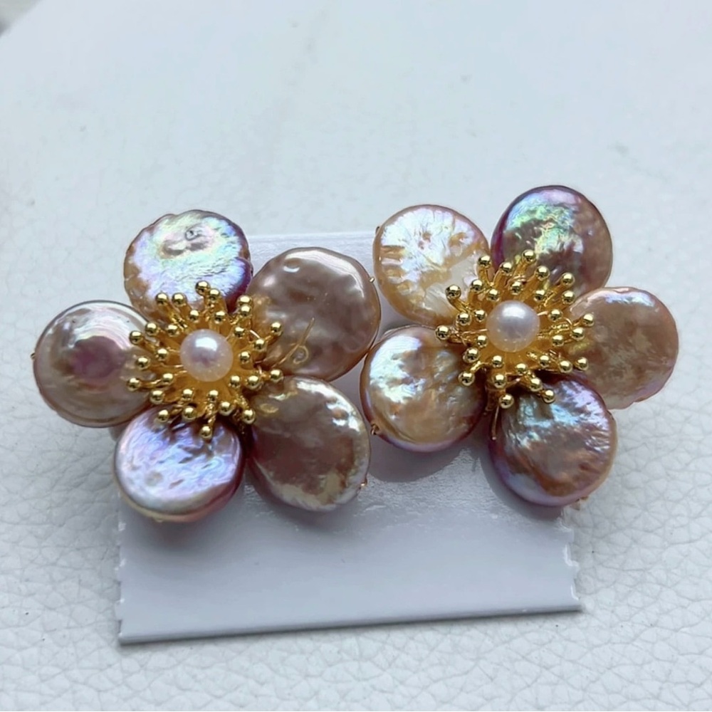 Genuine Freshwater Pearl Flower Statement Earrings – Iridescent Pink Tone